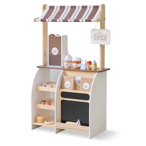 Teamson Kids Wooden Pretend Play Coffee Stand, Interactive Espresso Machine & 29-Piece Café Playset for Kids 3 , Brown
