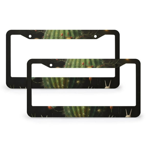 2 Pieces Christmas Cactus License Plate Frames Green Potted Plants Car Accessories Metal 2 Round Holes for US And CA