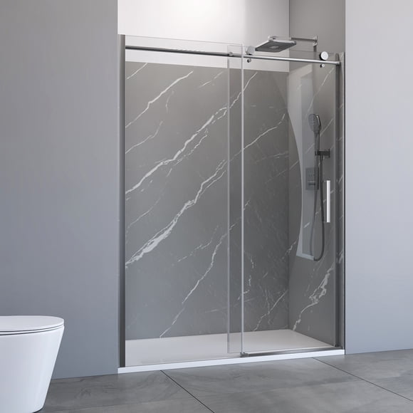 32" x 60" Alcove Shower Kit in Chrome – 8 mm Sliding Glass Door, White Marble SMC Walls & Low‑Threshold Side‑Drain Base