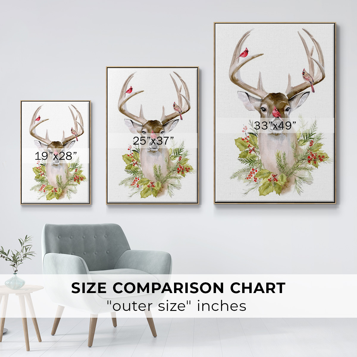 Holiday Deer Collection B - Framed Gallery Wrapped Holiday Canvas - 17 x 25 - Natural Wood Frame