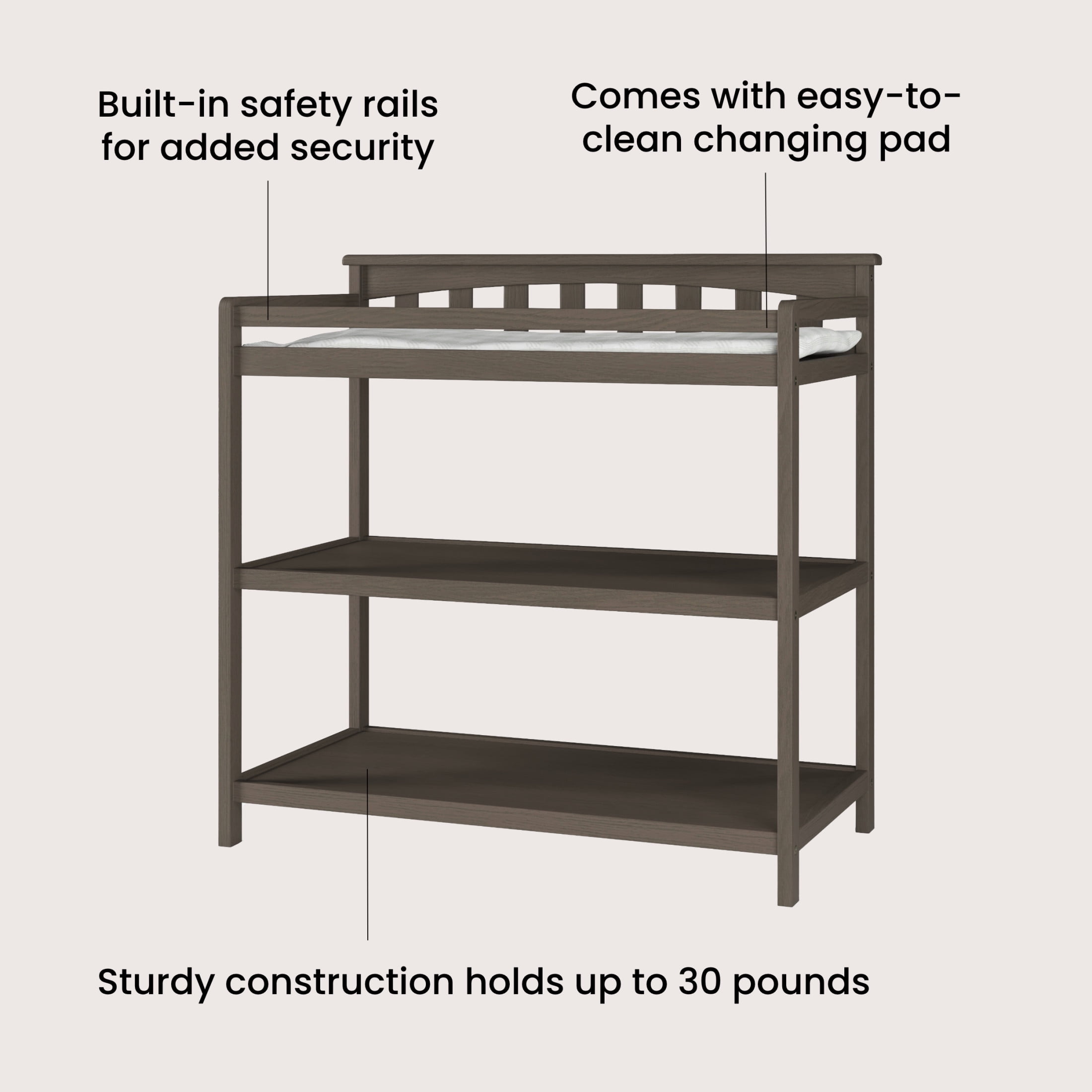 Child Craft Flat Top Changing Table with Pad & Strap, 2 Storage Shelves, Anti-Tip Kit, Dapper Gray