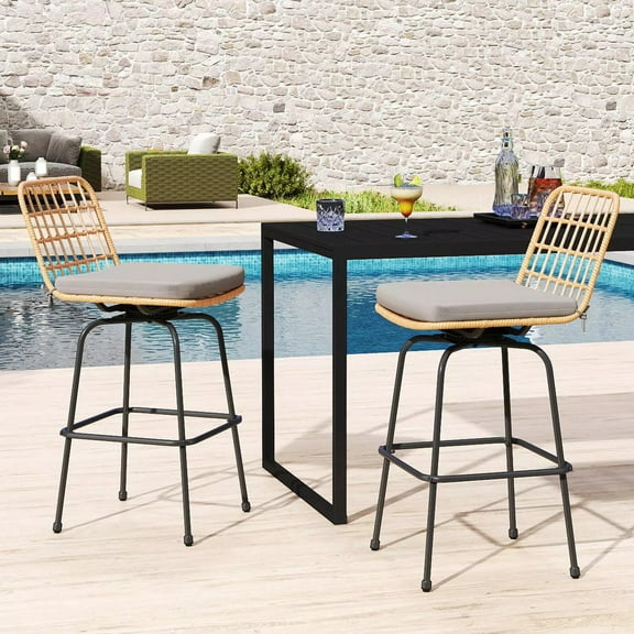 Auranook Patio 360° Swivel Bar Stools Set of 2, PE Rattan Bar Chairs with Backrests & Footrests, Outdoor Armless Barstools with Soft Seat Cushions