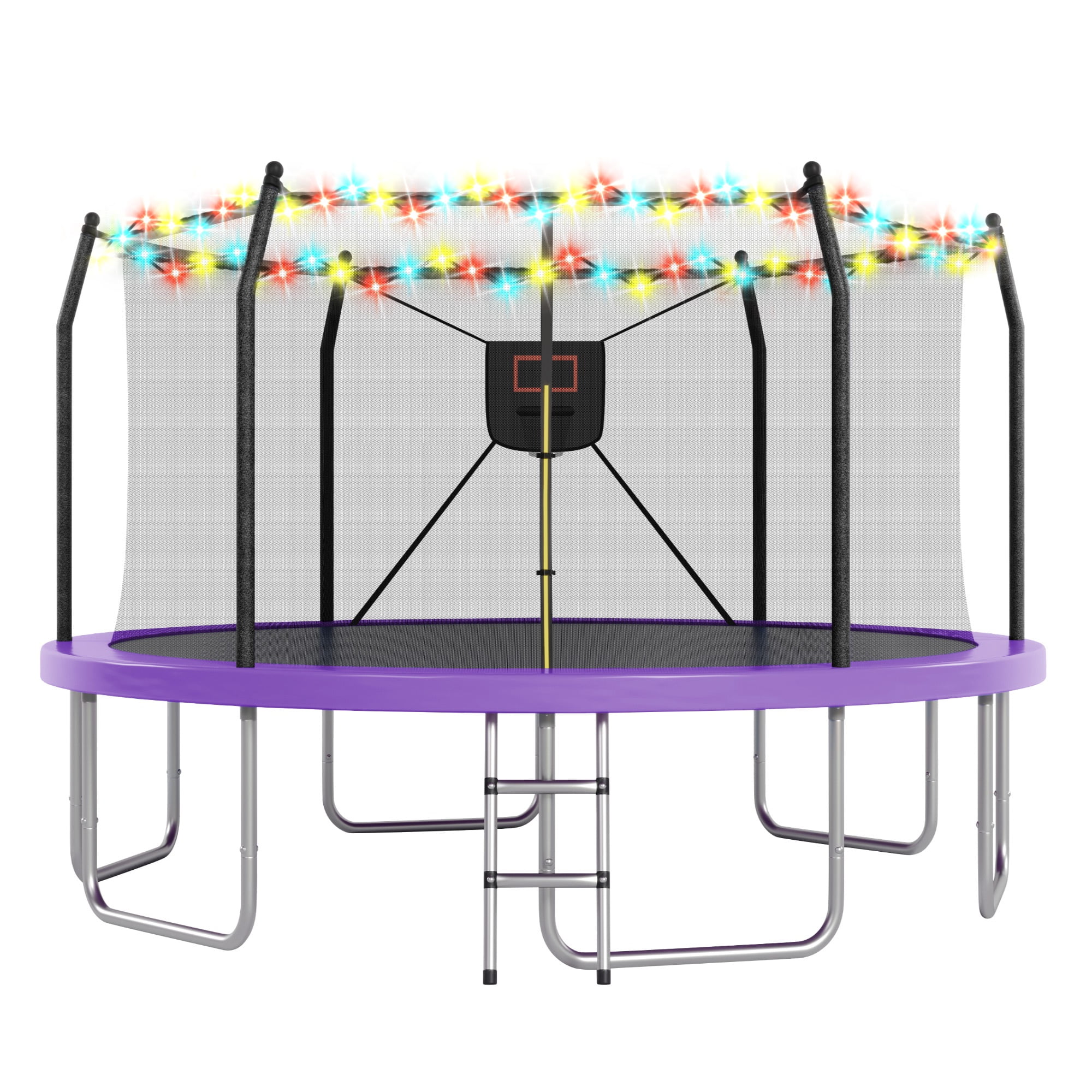14FT Trampoline with Enclosure for Kids and Adults, SEGMART Upgraded Kids Recreational Outdoor Trampoline with Basketball Hoop, Heavy Duty Round Backyard Trampoline with Lights for Indoor Outdoor