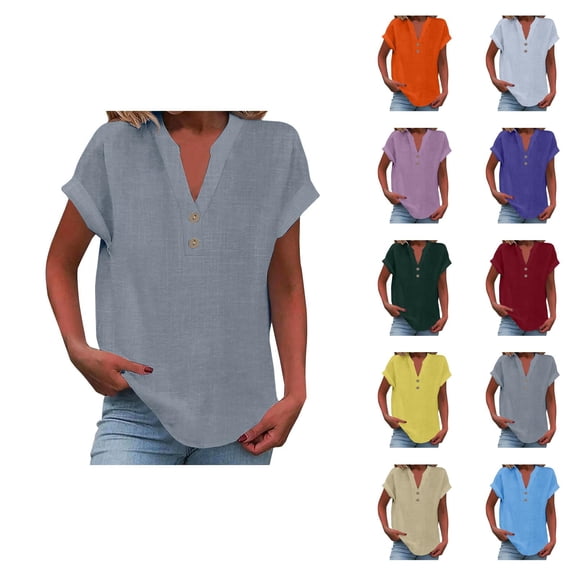 T Shirts for Women 2026 Summer Cotton Linen Short Sleeve V Neck Loose Business Casual Office Work Tshirt Blouse Top