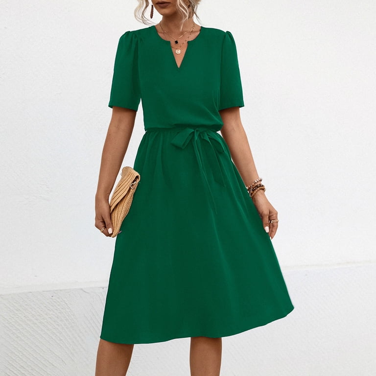 Fartey Women's Formal Dresses 2025 Summer Short Sleeve Tie Waist A-Line Swing Dress Business Casual Solid Color V Neck Midi Dress Elegant Work Dress