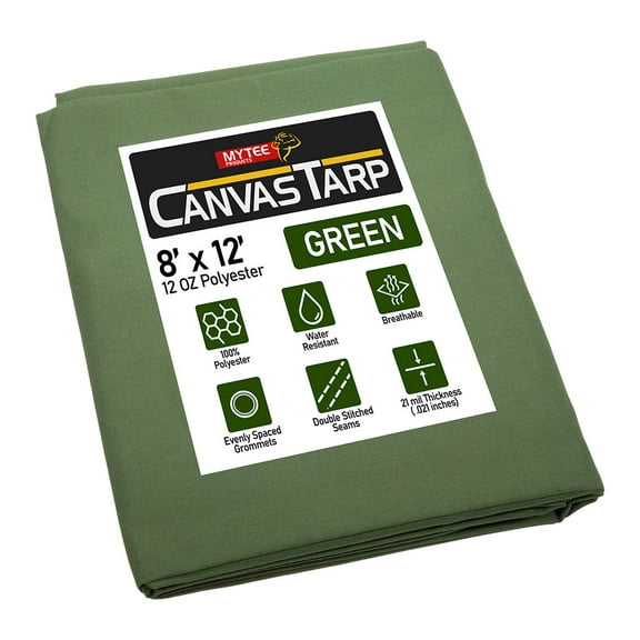8' x 12' Green 12oz Canvas Tarp with Grommets - Water Resistant - Heavy Duty Canvas Tarps - Multipurpose Tarpaulin Cover for Canopy Tent, Roof, Camping, Semi Trucks & Cargo