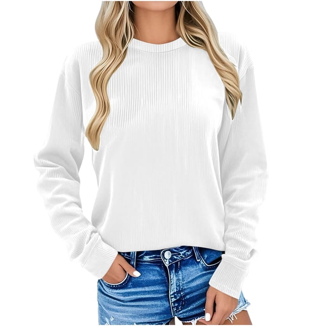 Mgmyaa Hauts en Velours Côtelé pour Femmes Col Rond Manches Longues Sans Capuche Chandails en Molleton Chandail Chemises