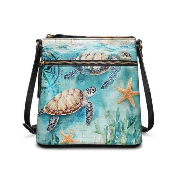 Kuiaobaty Sea Turtle Starfish Print Crossbody Bag for Women, Waterproof Portable Leather Satchel Purse Crossbody, Wear Resistant Messenger Handbag With Adjustable Strap for Travel