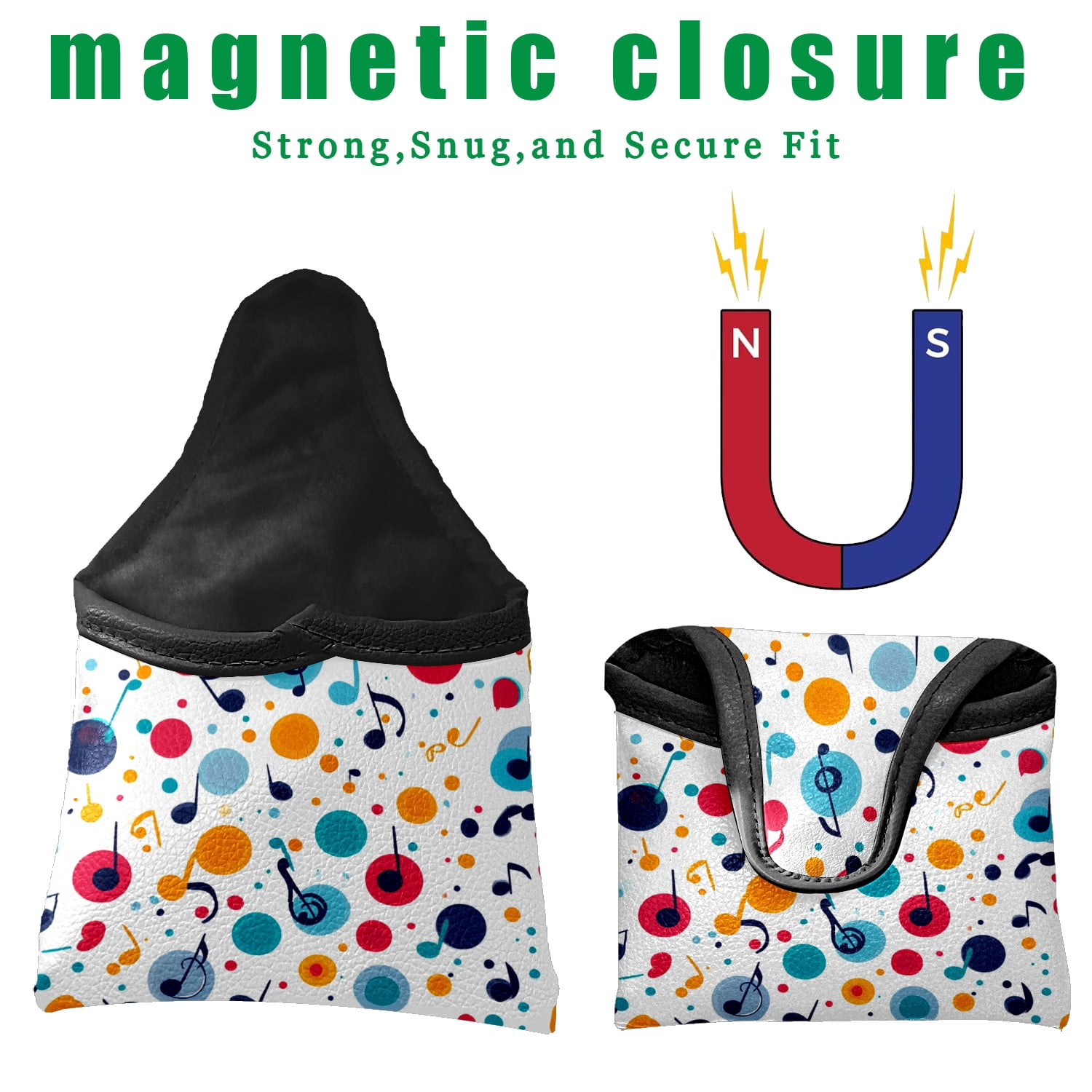 Golf Mallet Putter Cover Premium Leather Waterproof Golf Putter Head Cover with Magnetic Closure Musical Note Pattern