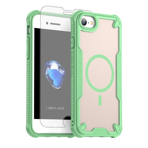 Asuwish Phone Case for iPhone 7 Compatible with Magsafe Magnetic Tempered Glass Screen Protector Translucent Matte Back Shockproof Protective Cell Cover iPhone7 7s i 7SE Women Men Green