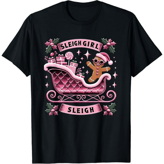 Groovy Pink Christmas Candy Sleigh Girl Gingerbread Holiday T-Shirt