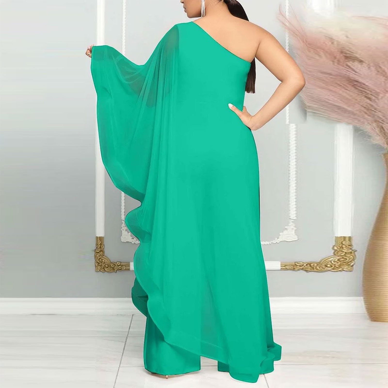 Casual Sweater Set Jumpsuits for Women One Shoulder Evening Cocktail Semi Formal Maxi Dress Pants 2 Piece Jogger Outfit Set S-111 Green L