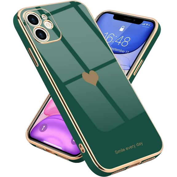 Compatible with iPhone 11 Case,Women Girsl Cute Love Heart Plating Design Protective Bumper with Camera Lens Cover Slim Shockproof Silicone Soft Phone Case for iPhone 11 Green