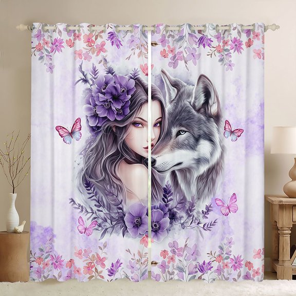 Manfei Romantic Floral Lady Kitchen Curtains,Gray Wolf Black Out Curtains Pack of 2 (42x63 Each)