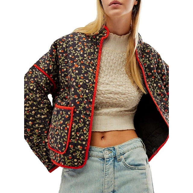 Gupgi Women Cropped Quilted Jackets Floral Print Open Front Lightweight Puffer Jacket Padded Quilted Coat