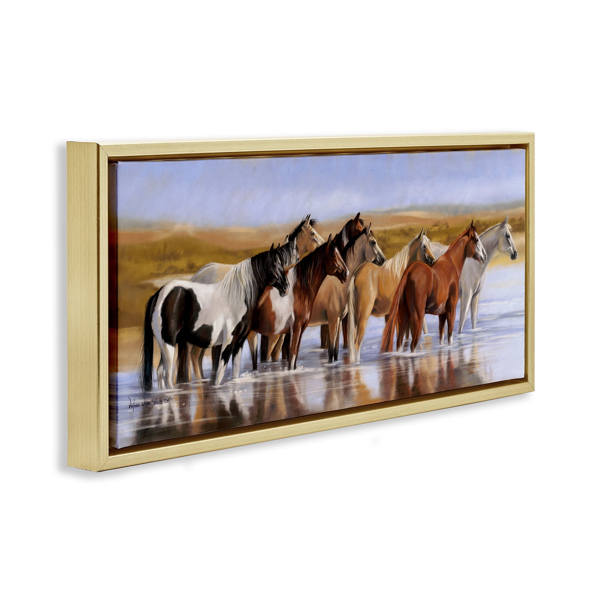 Stupell Industries Horse Herd in River Animals & Insects Painting Gold Floater Framed Canvas Art Print Wall Art, 31 x 14