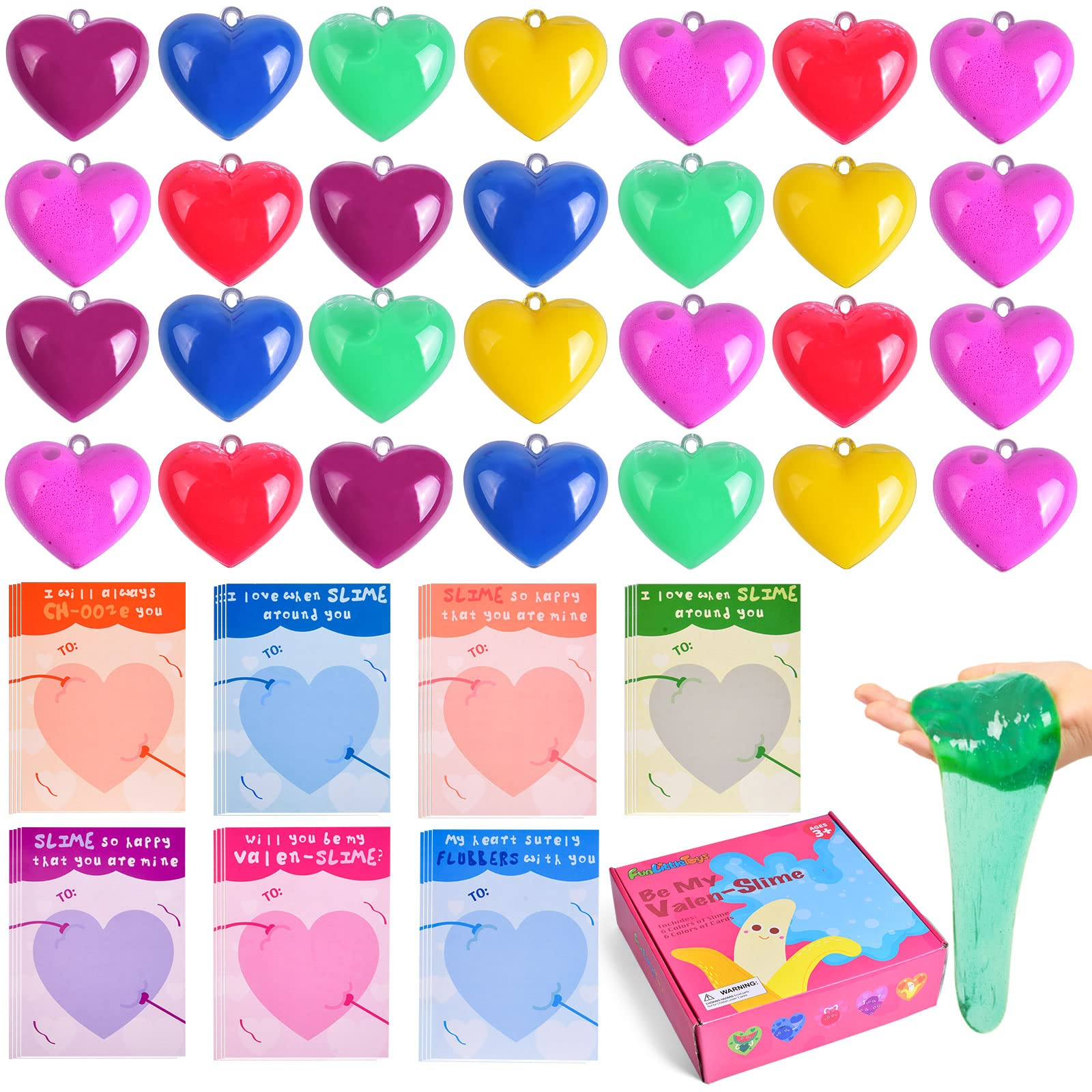 Fun Little Toys 28 PCs Valentine's Day Greeting Cards with Slime Kit, Heart Shaped Rainbow Slime, Valentine Classroom Exchange Cards, Kids Party Favors, Gift for Kids, Valentine's Day Kids Gift Set