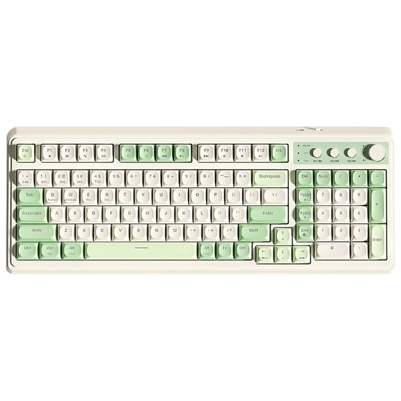 AULA S99 99-Key Wireless Membrane Gaming Keyboard, RGB Illuminated, Tri-Mode, Knob, Compact 96%, 10-Key Pad, USB-A, Rechargeable, White/Green