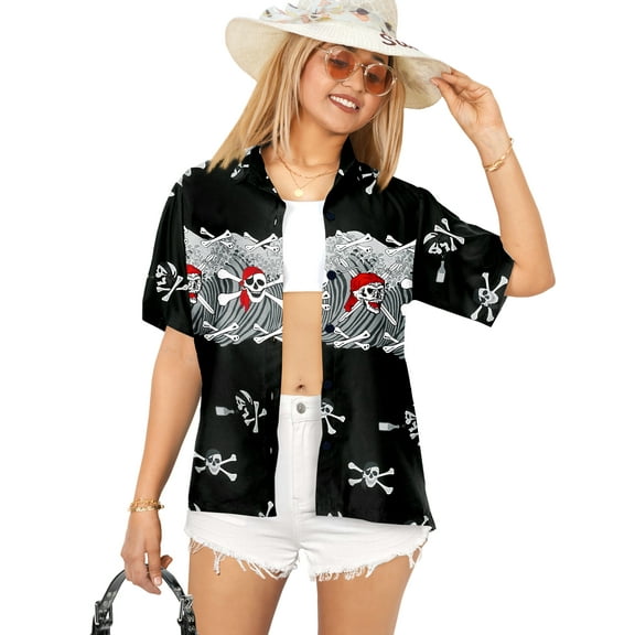 HAPPY BAY Women's Beach Halloween Costumes Hawaiian Shirt Spooky Skull Print Blouse Tops Short Sleeve Button Down Holiday Party Shirts for Women S Crossbones Black