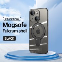 ELEHOLD Plating Magnetic Case for iPhone 15 Plus Case Transparent Clear Anti-Yellowing Cover with Foldable Kickstand Camera Lens Protection Compatible with MagSafe Slim Shockproof Case,Black
