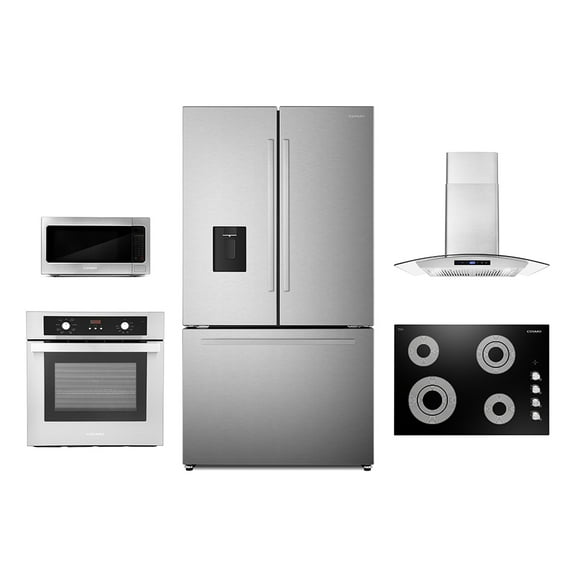 5 Piece Kitchen Package With 30" Electric Cooktop 30" Wall Mount Range Hood 24" Single Electric Wall Oven 24.4" Built-in Microwave & French Door Refrigerator