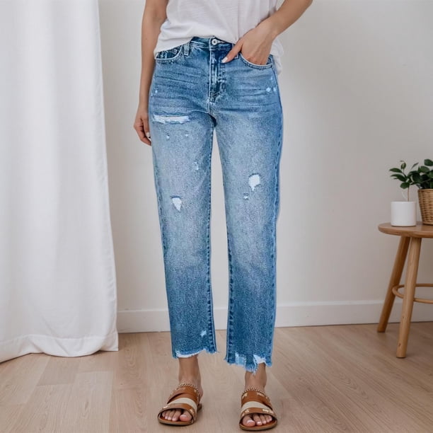 WILLBEST Pantalones Casuales de Mujer, Cintura Alta, Pierna Recta, Mezclilla Desgastada, Diseño Desgastado para Comodidad Diaria, Versátiles, Moda Primavera Verano Otoño Extra Grande