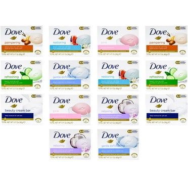 Dove, Beauty Bar Soap Variety Pack of 14, Go Fresh, Shea Butter, Coconut Milk, White, Pampering, Restoring, Exfoliating - 90g (7 Scents, 2 of Each)