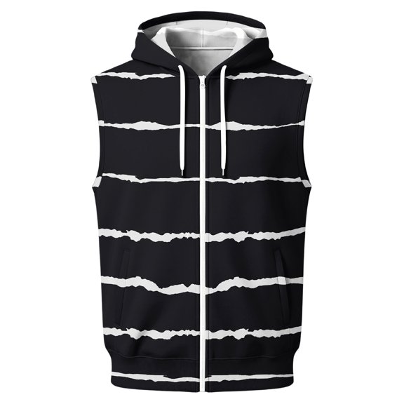 FENGYOU Mens Sleeveless Zip Up Hoodie Vest Casual Athletic Lightweight Fleece Outerwear with Stripe Print Drawstring Hood Black L