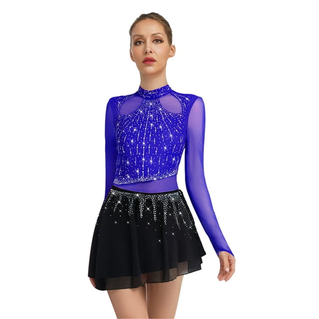 HULIJA Robe de Patinage Artistique pour Femmes Manches Longues en Mesh avec Strass Compétition de Danse Bleu Royal TG