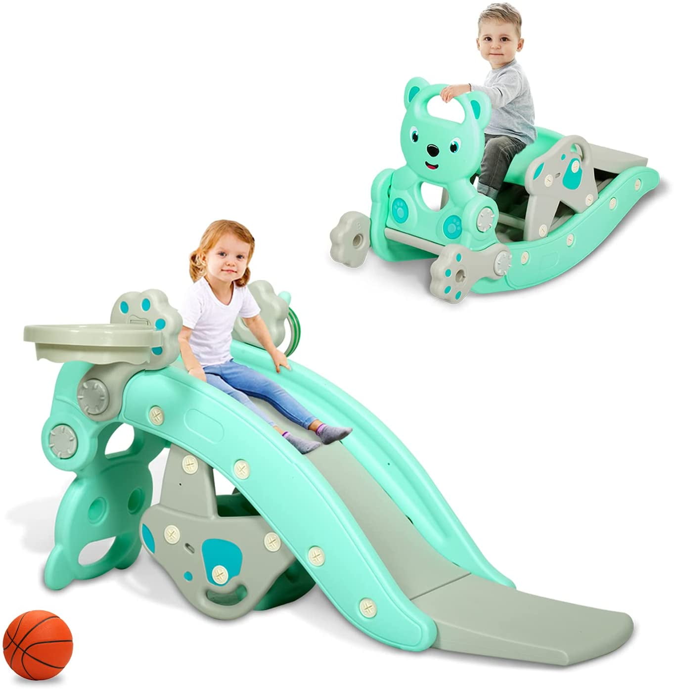 2-in-1 Child Climbing Slide And Rocking Horse For Indoor And Backyard Baskets 