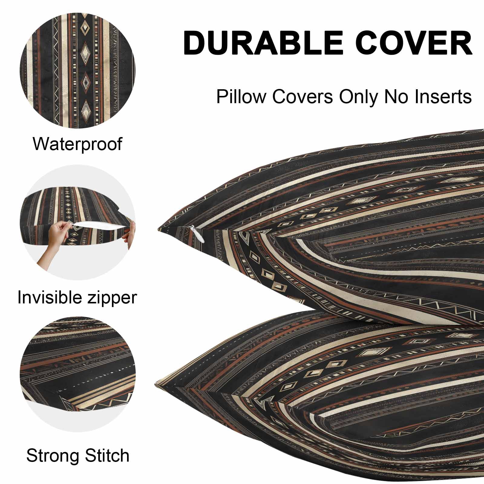 Waterproof Throw Pillow Covers Set of 2, 18x18 Inch Black Beige Boho Decorative Pillowcases Outdoor Pillow Slip Cushion Covers Set for Couch Tent Vintage Abstract Geometric Ethnic