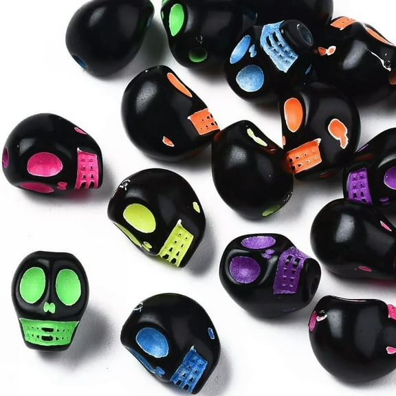U8MO 50 Skull Beads Black Acrylic Gothic Halloween Jewelry Supplies Set 10mm Neon