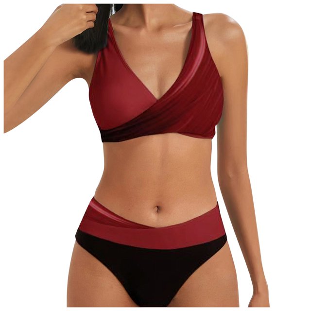 Gibobby Conjunto de traje de baño de bikini Traje de baño de dos piezas de talle para mujer(Rojo,G)