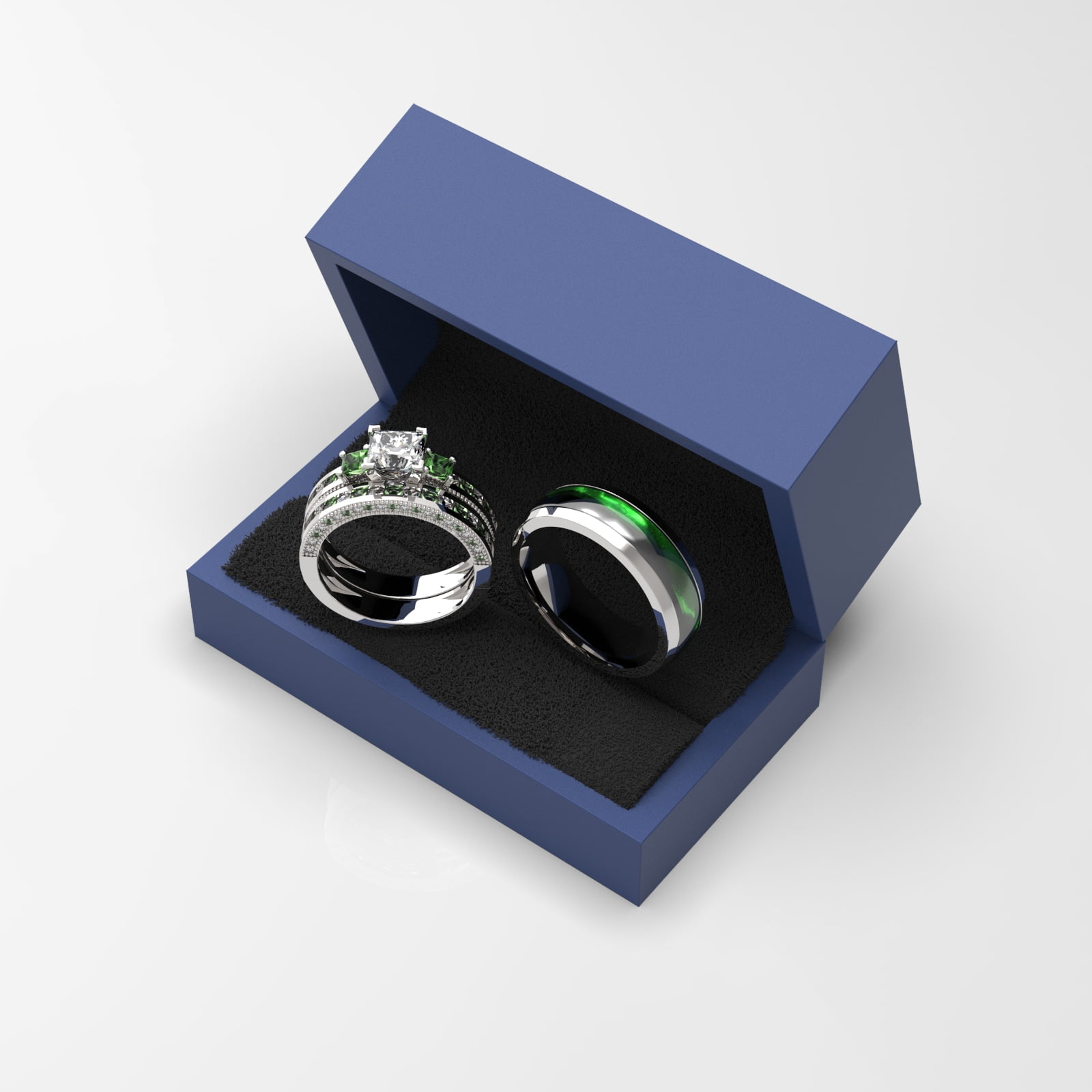 3pc Couples Wedding Ring Sets His And Hers Women Sterling Silver Green Moissanite and men Wedding Bands Together With Ring Gift Jewelry Box