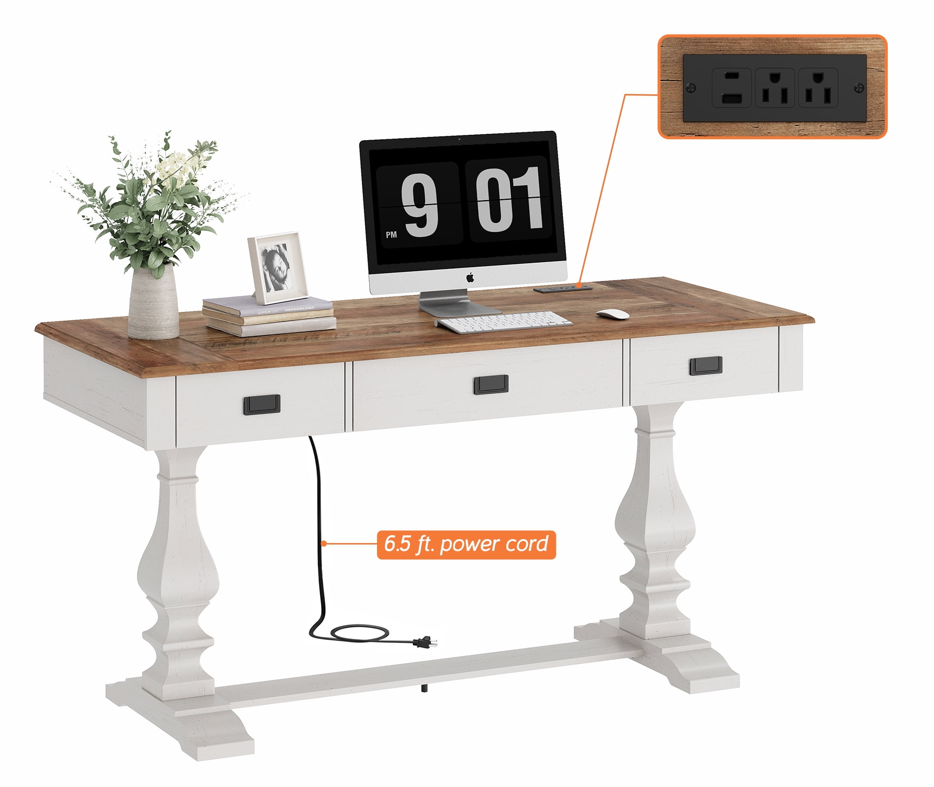 WAMPAT Farmhouse Office Desk with Charging Station - Vintage Rustic Executive Writing Table, Includes 3 Storage Drawers, Sturdy Solid Wood Legs and Ergonomic Rounded Edge for Study,Cream White
