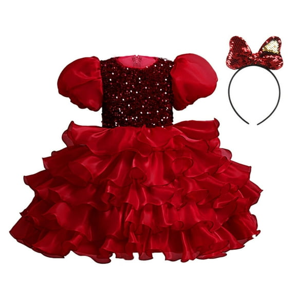 Little Girls Ruffles Dress Short Sleeve Sequins Princess Birthday Dress w/Headband