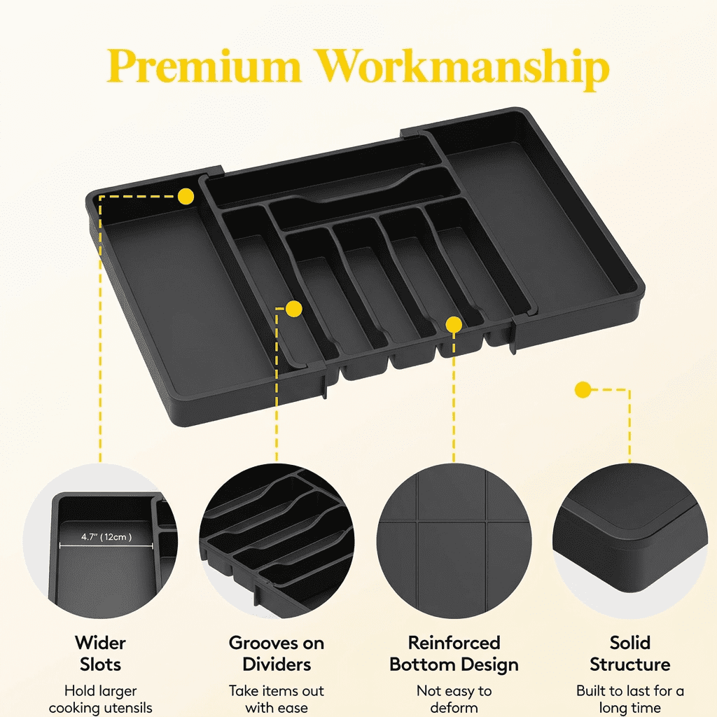 Norcho Expandable Utensil Organizer Drawer, Adjustable Cooking Silverware Tray, Plastic Spatula Tools Divider 13-22.4"x15" Black