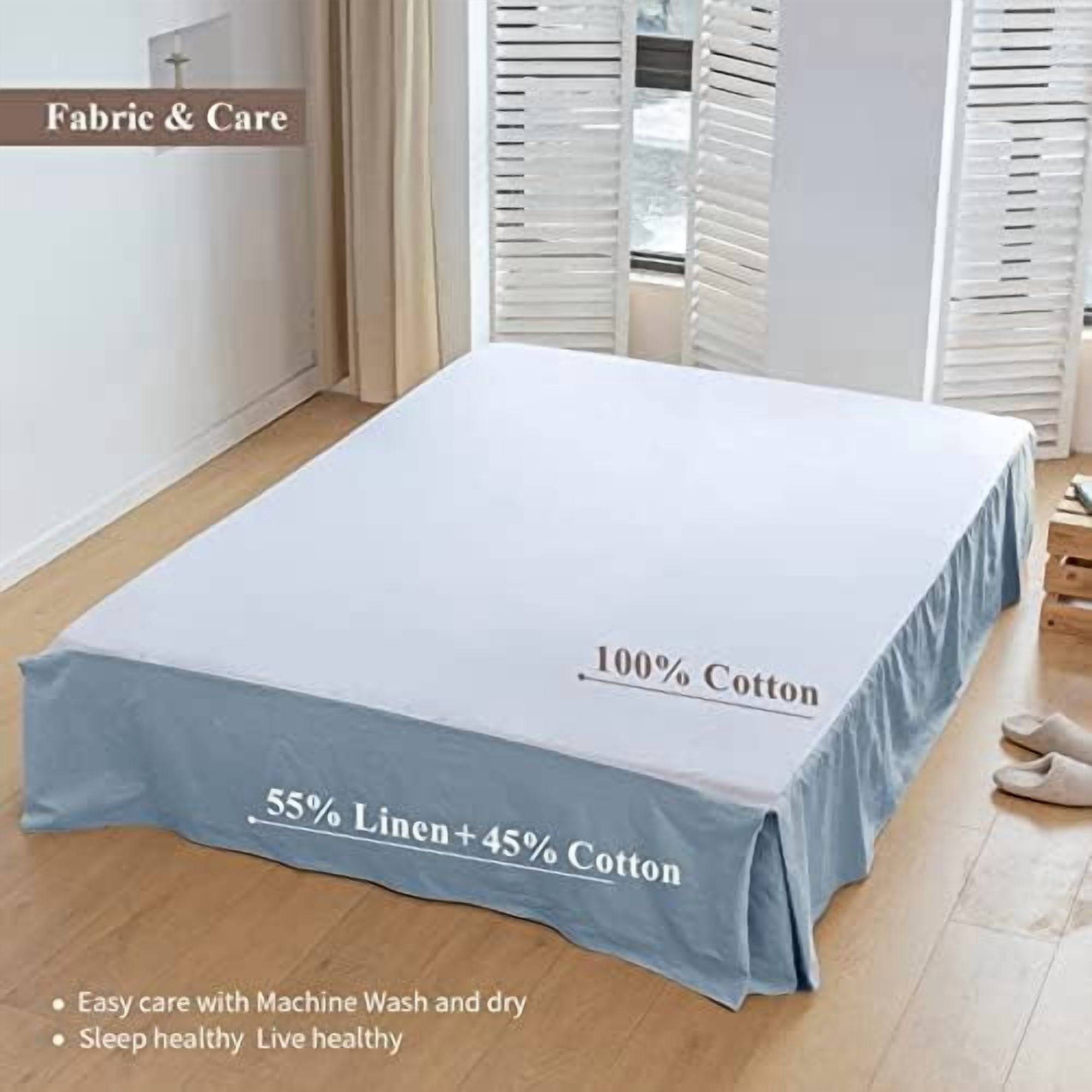 French Linen Bed Skirt with Pleated Corner 14-Inch Tailored Drop Natural Flax Cotton Blend Basic Dust Ruffle Soft Cozy Farmhouse Bedding (14" King, Basic Dusty Blue)
