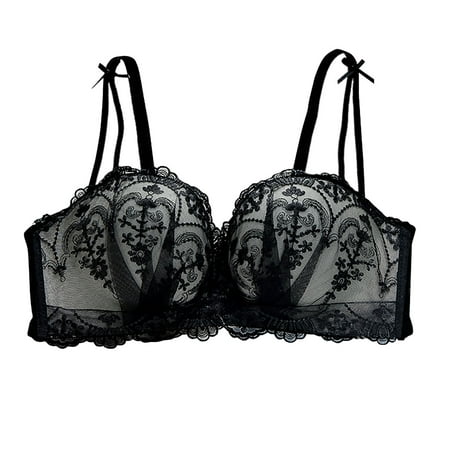 SMihono Full Coverage Push Up Bras for Women Sexy Sheer Balconette No Underwire Unlined Lace Bra Minimizer Bra for Petite Black XL