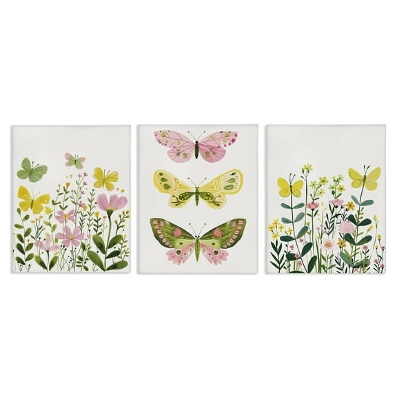 Stupell Industries Playful Butterflies and Florals Animals Painting Wrapped Canvas Art Print Wall Art, 11 x 14, Set of 3