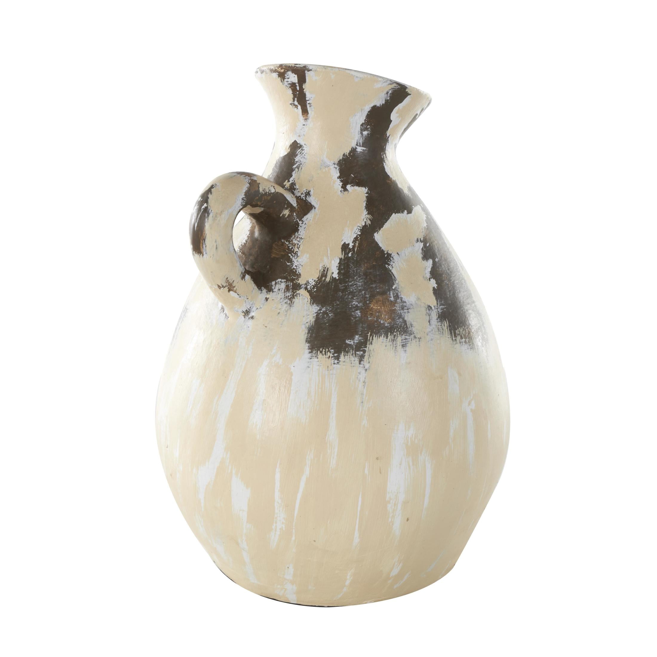 DecMode 17" Antique Style Pot Cream Ceramic Vase with Curved Handle