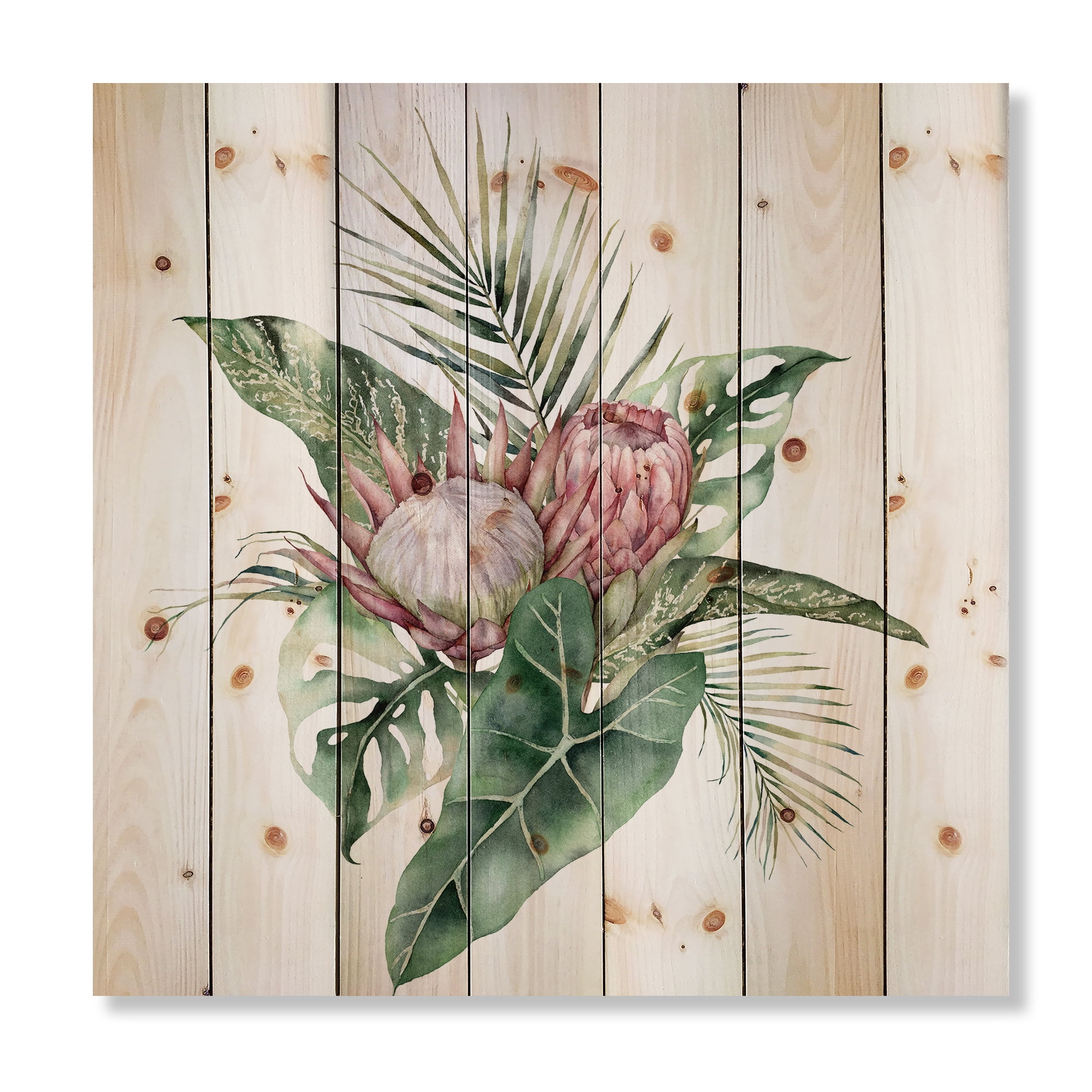 Designart 'Queen Proteas Palm & Monstera Leaves' Traditional Print on Natural Pine Wood