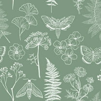 VEELIKE Sage Green Floral Peel and Stick Wallpaper Boho Butterfly Fern Botanical Wallpaper Stick and Peel for Bedroom Bathroom 17.7"x118" Removable Adhesive Green Contact Paper for Cabinets Drawers