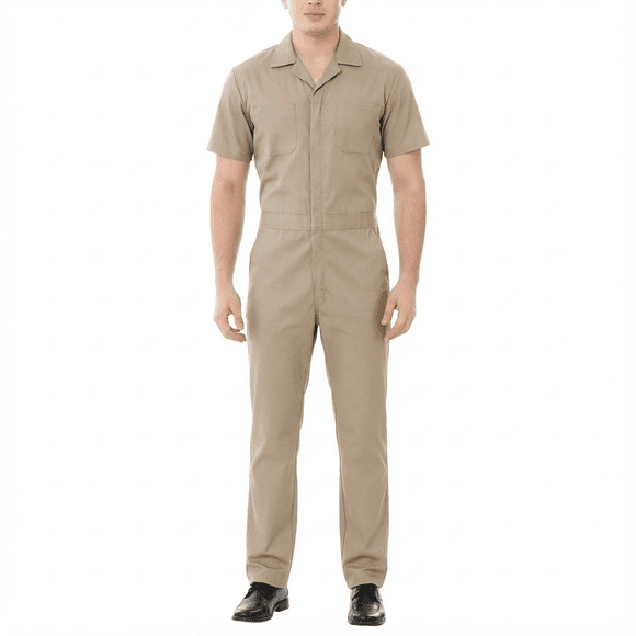 TOPTIE Coverall for Men Short Sleeve, Work Jumpsuit Zip Up Coverall for Mechanics, Khaki Coverall