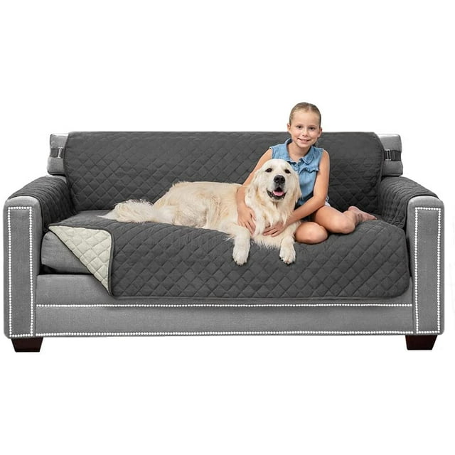 Original Patent Pending Reversible Small Sofa Protector, Many Colors, Seat Width to 62 Inch, Furniture Slipcover, 2 Inch Strap, Couch Slip Cover Throw for Pets, Kids, Dogs, Charcoal Linen