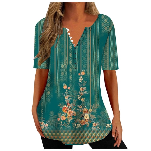 Birdeem Haut Décontracté pour Femme à Col en V Imprimé, Ample, à Manches Courtes, Haut/chemise à Manches Courtes à Col en V