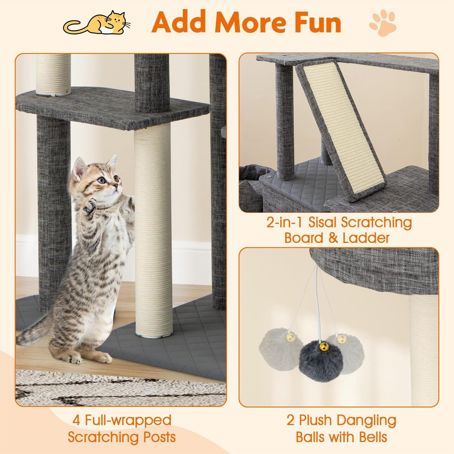 Pefilos 71" Tall Multi-Level Cat Tree, 2 Condos & Top Perch, Sisal Scratching Posts, Grey