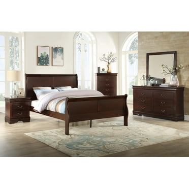 6pc Louis Philip Transitional Full Size Bedroom Set Panel Bed Dresser Mirror Chest 2x Nightstands Cherry Brown Finish Wooden Furniture