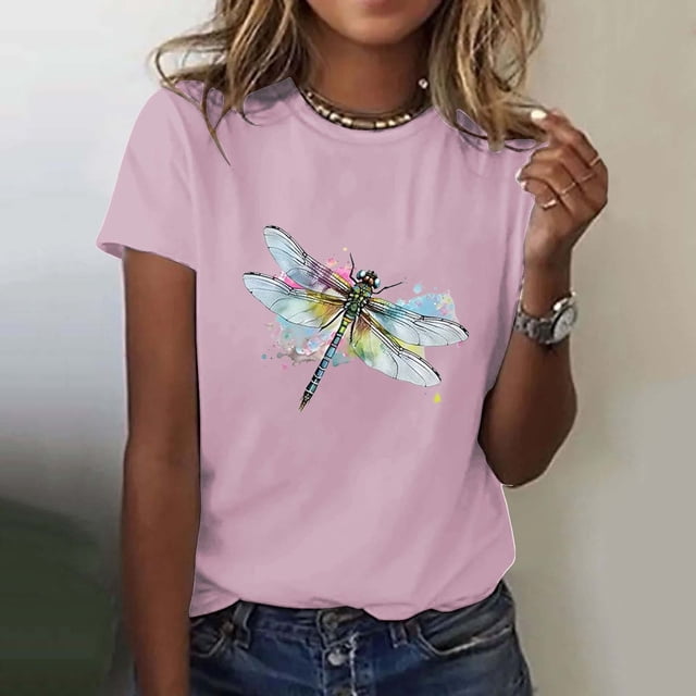 Hauts d'Été pour Femmes, Blouses Décontractées Élégantes 2024, T-Shirts Mode Décontractée Imprimé Col Rond Manches Courtes T-Shirt Rose