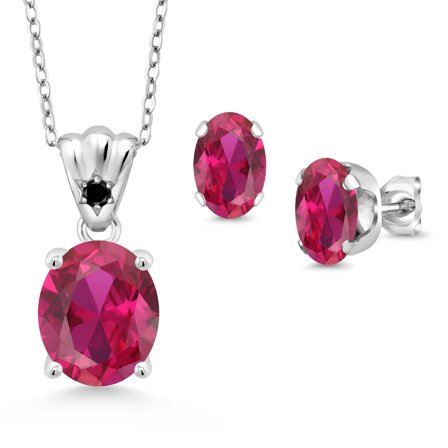 Gem Stone King 925 Sterling Silver Red Created Ruby and Black Diamond Pendant and Earrings Jewelry Set for Women (6.73 Cttw, Gemstone Birthstone, Oval 11X9MM and 8X6MM with 18 inch Silver Chain)